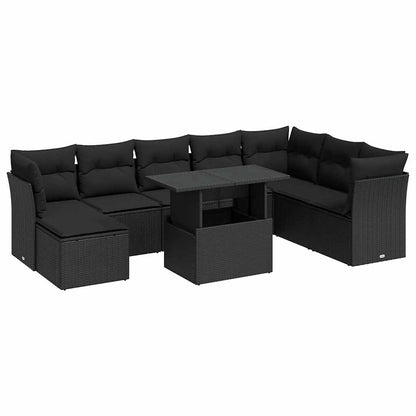 9-delige Loungeset met kussens poly rattan zwart