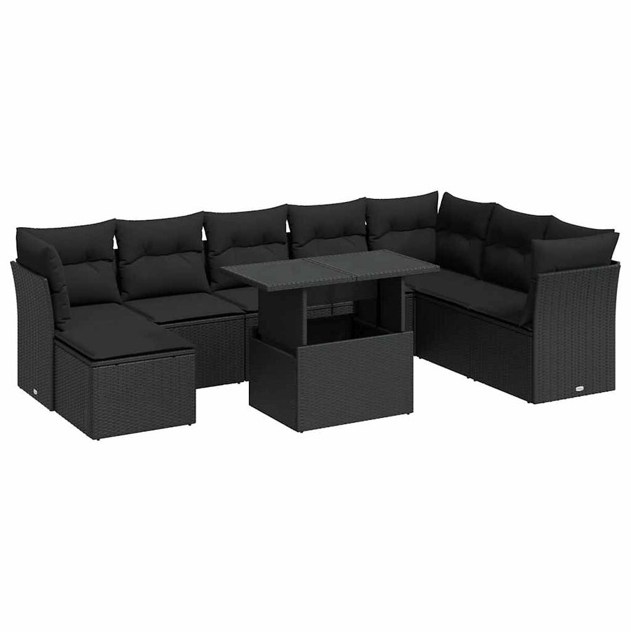 9-delige Loungeset met kussens poly rattan zwart