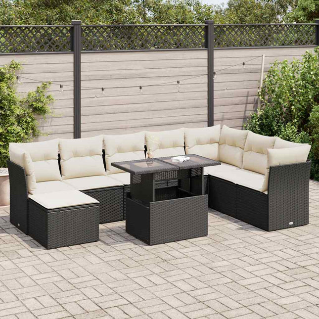 9-delige Loungeset met kussens poly rattan zwart