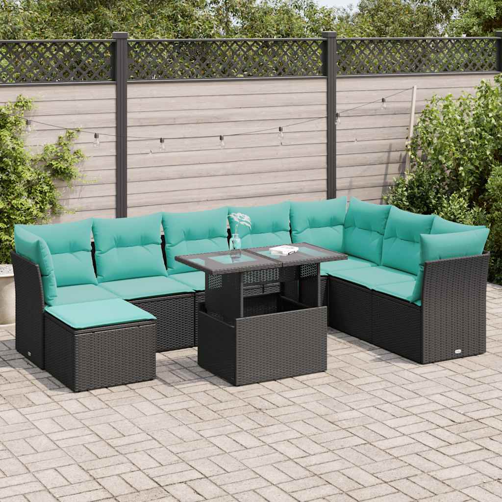 9-delige Loungeset met kussens poly rattan acacia zwart