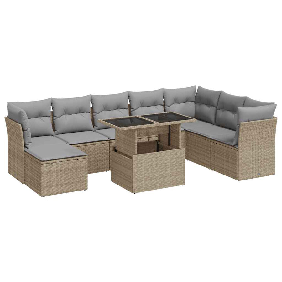 9-delige Loungeset met kussens poly rattan beige
