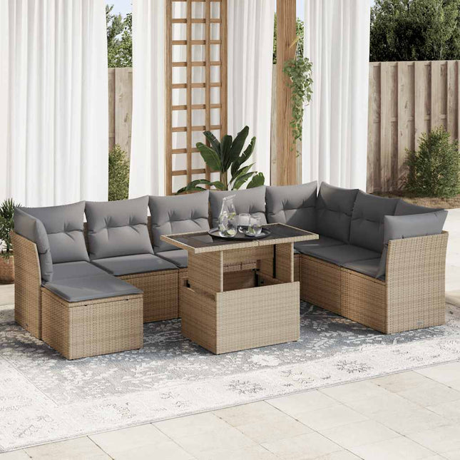 9-delige Loungeset met kussens poly rattan beige