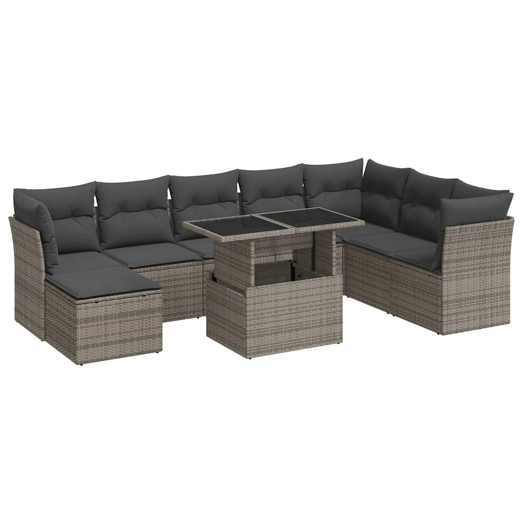 9-delige Loungeset met kussens poly rattan grijs
