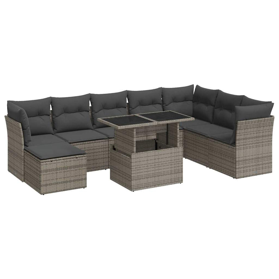 9-delige Loungeset met kussens poly rattan grijs