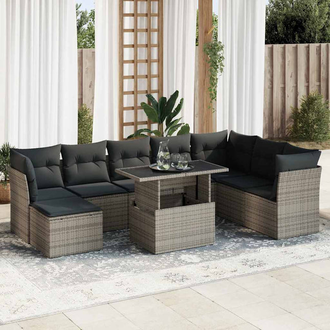 9-delige Loungeset met kussens poly rattan grijs