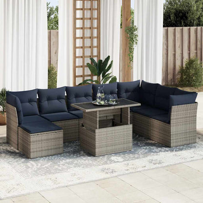 9-delige Loungeset met kussens poly rattan acacia grijs