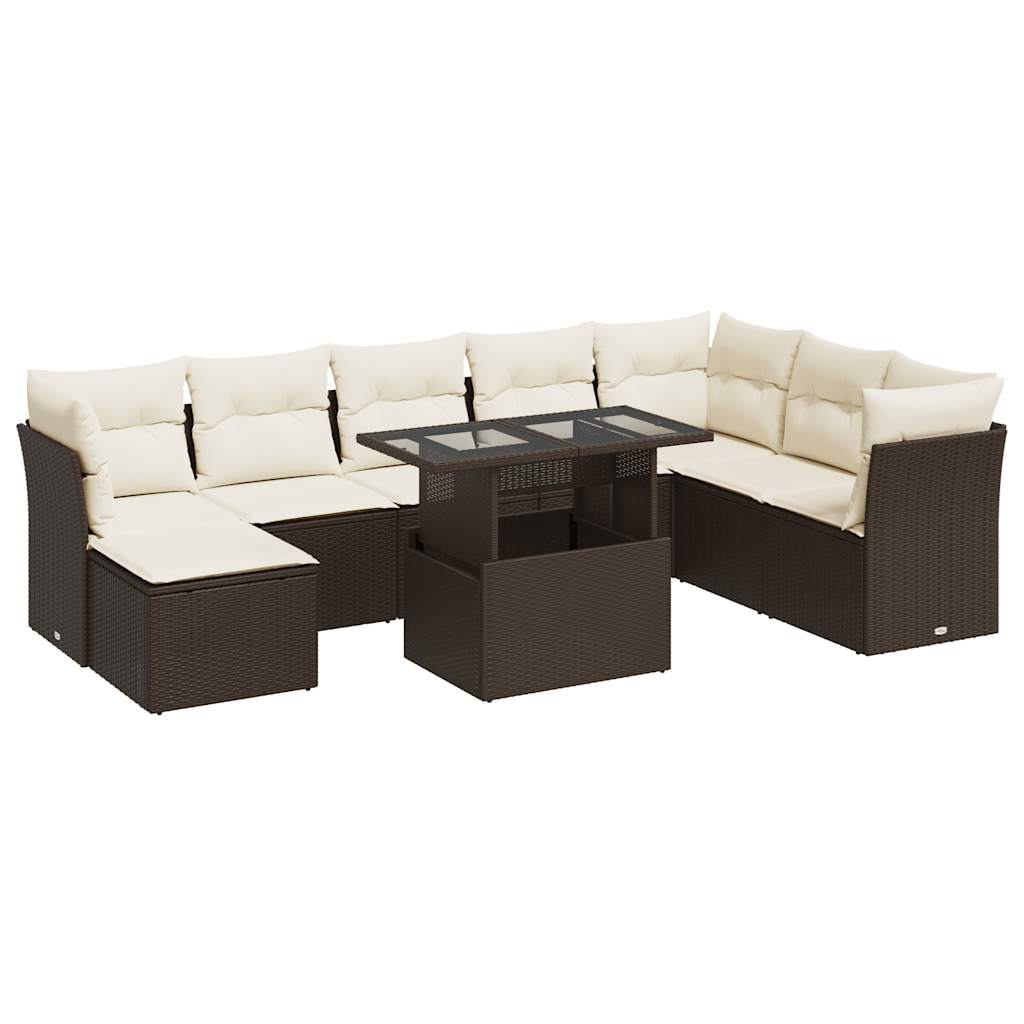 9-delige Loungeset met kussens poly rattan bruin