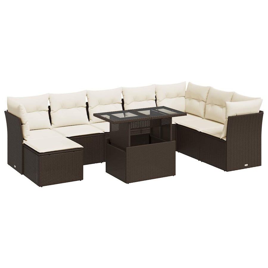 9-delige Loungeset met kussens poly rattan bruin