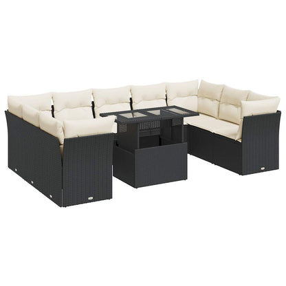10-delige Loungeset met kussens poly rattan zwart