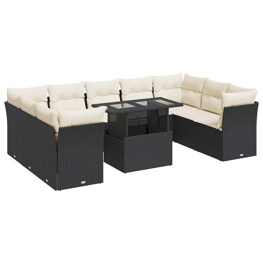 10-delige Loungeset met kussens poly rattan zwart