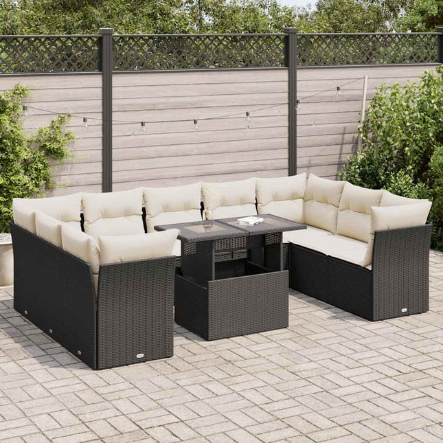 10-delige Loungeset met kussens poly rattan zwart