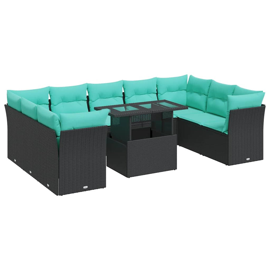 10-delige Loungeset met kussens poly rattan acacia zwart
