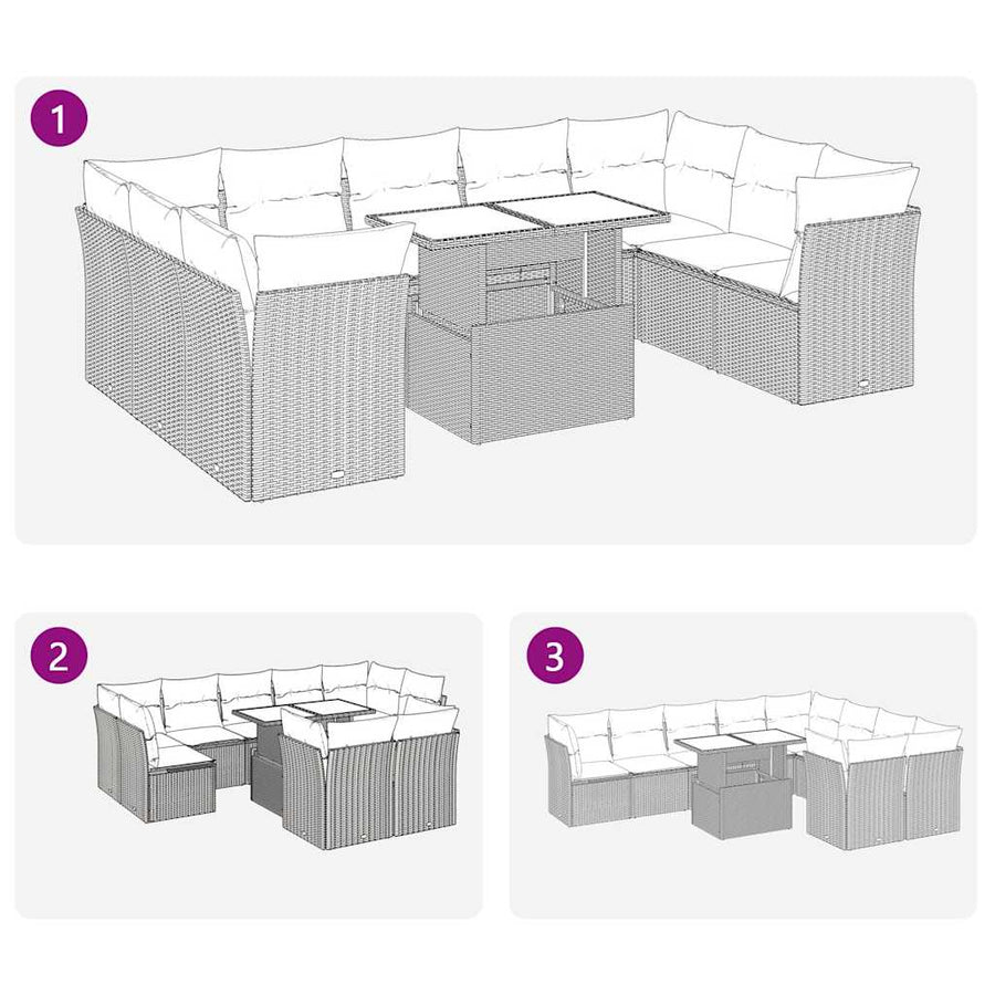 10-delige Loungeset met kussens poly rattan acacia zwart