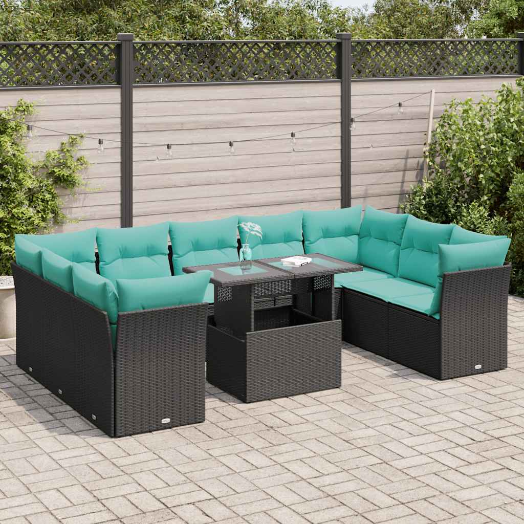 10-delige Loungeset met kussens poly rattan acacia zwart