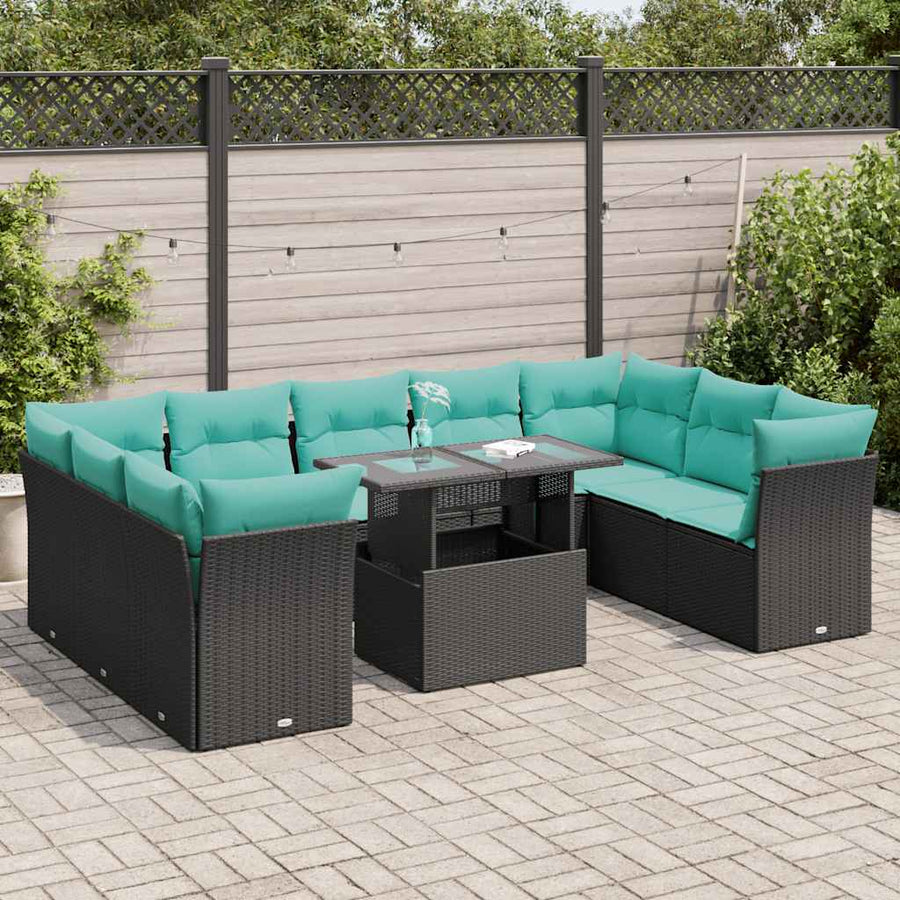 10-delige Loungeset met kussens poly rattan acacia zwart