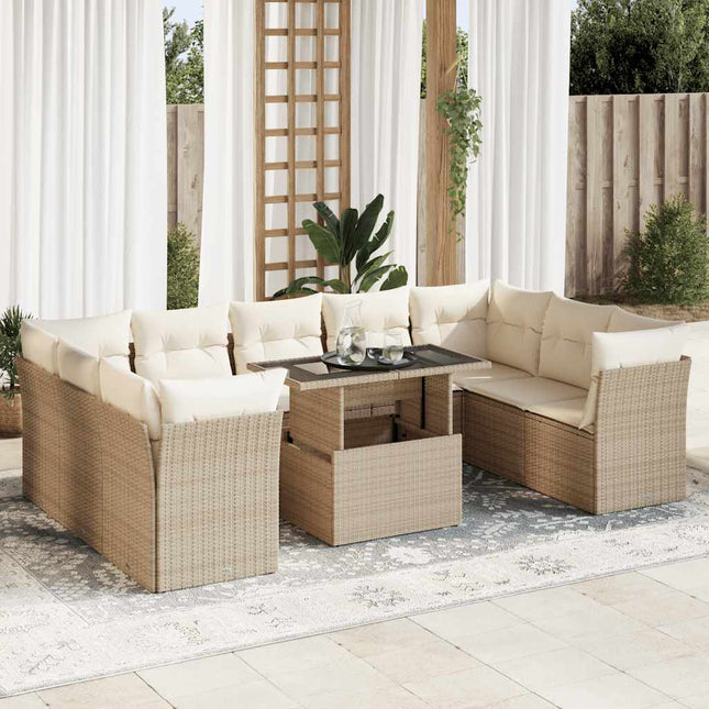 10-delige Loungeset met kussens poly rattan beige