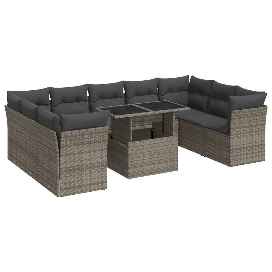 10-delige Loungeset met kussens poly rattan grijs