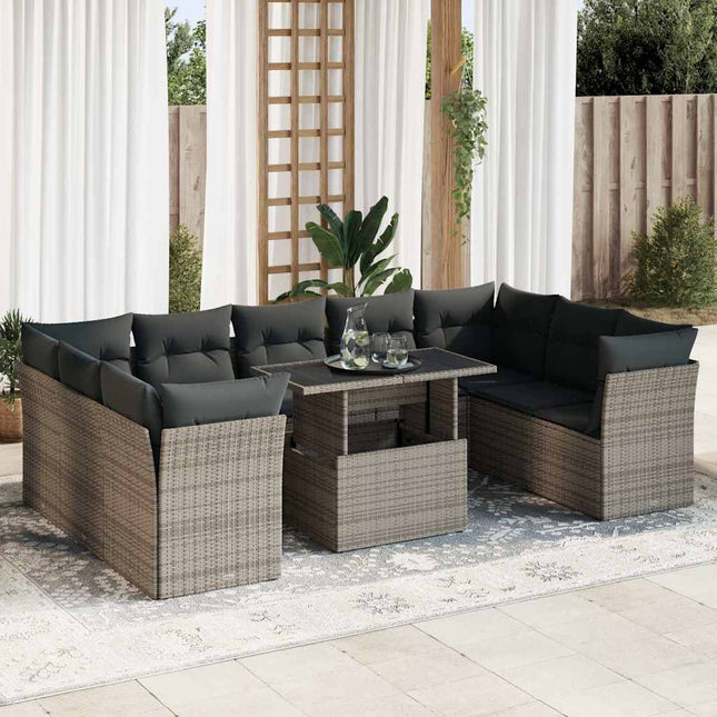 10-delige Loungeset met kussens poly rattan grijs