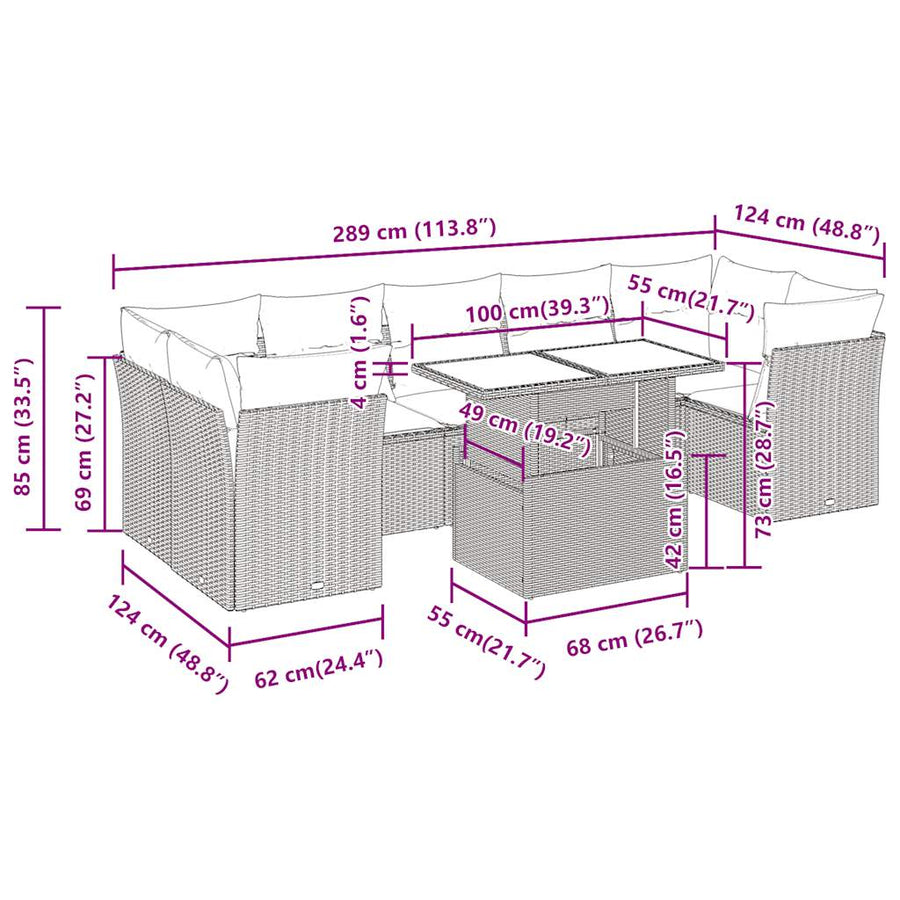 10-delige Loungeset met kussens poly rattan lichtgrijs