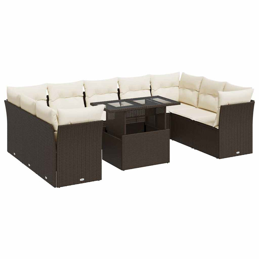 10-delige Loungeset met kussens poly rattan bruin