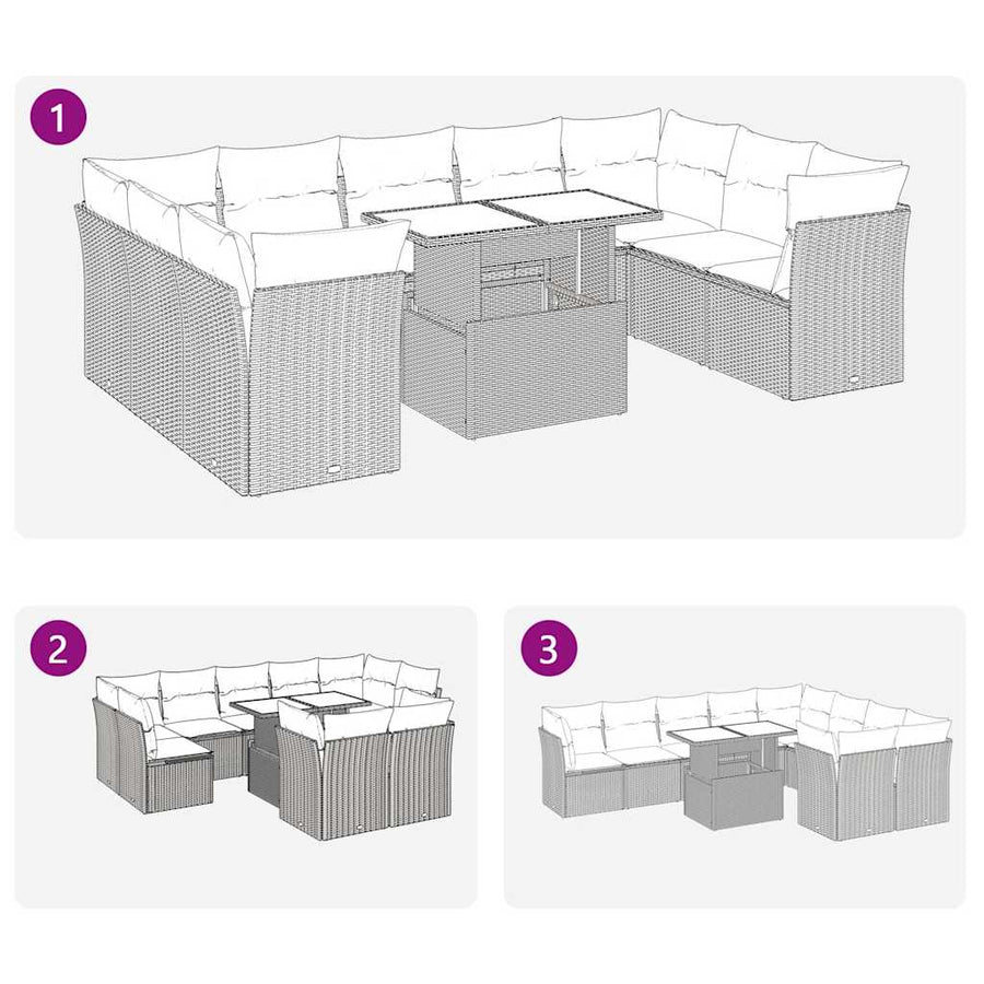 10-delige Loungeset met kussens poly rattan bruin