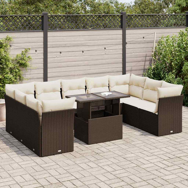 10-delige Loungeset met kussens poly rattan bruin