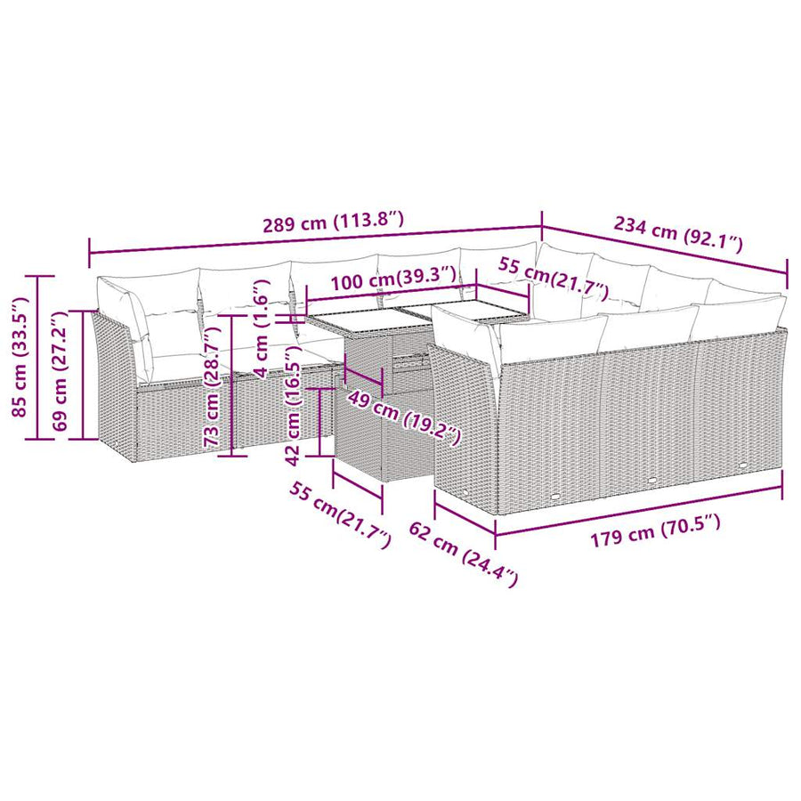 11-delige Loungeset met kussens poly rattan zwart