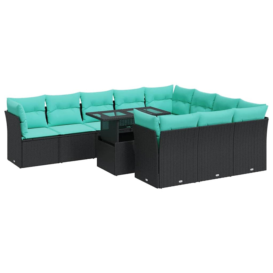 11-delige Loungeset met kussens poly rattan acacia zwart