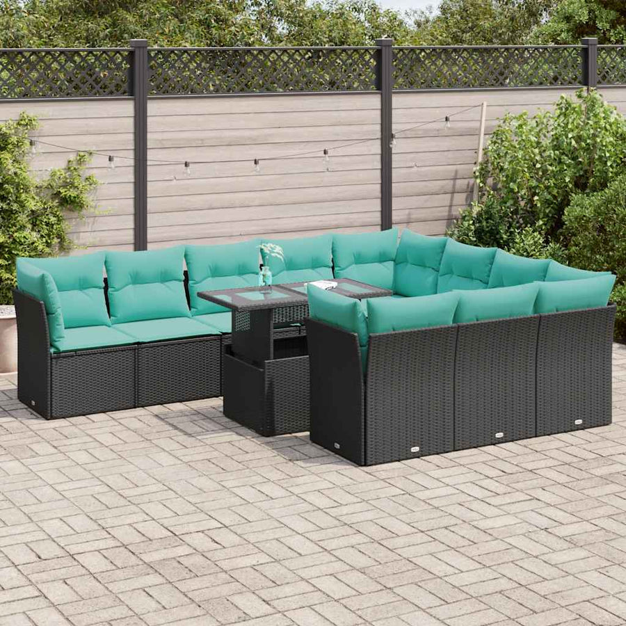 11-delige Loungeset met kussens poly rattan acacia zwart
