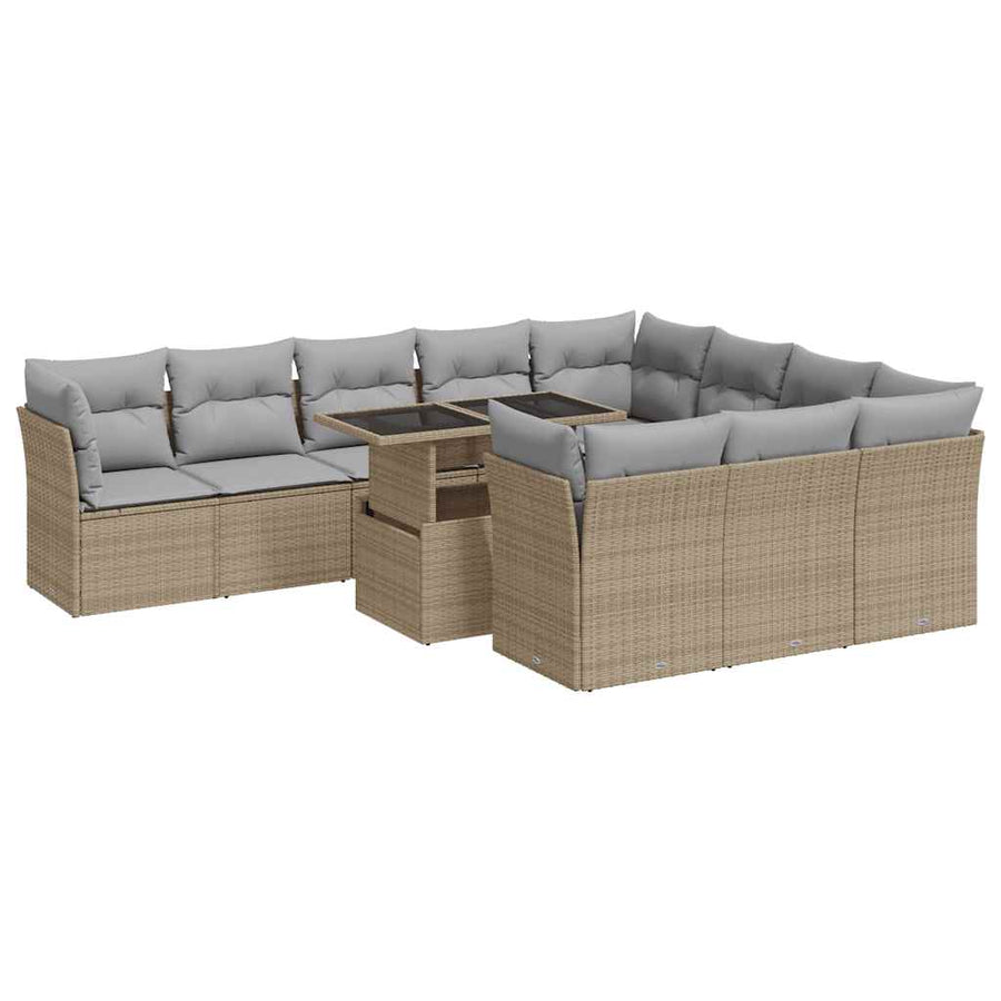 11-delige Tuinset met kussens poly rattan beige