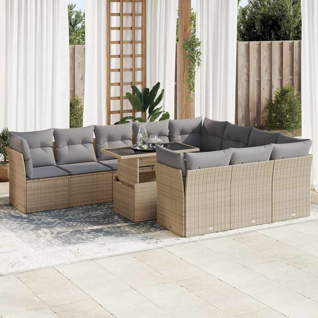 11-delige Tuinset met kussens poly rattan beige