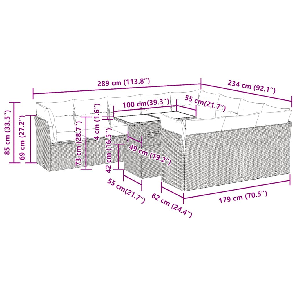 1 Loungeset Met Kussens Poly Rattan Acacia Grijs