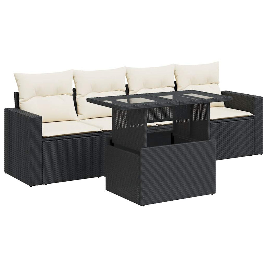 5-delige Loungeset met kussens poly rattan zwart