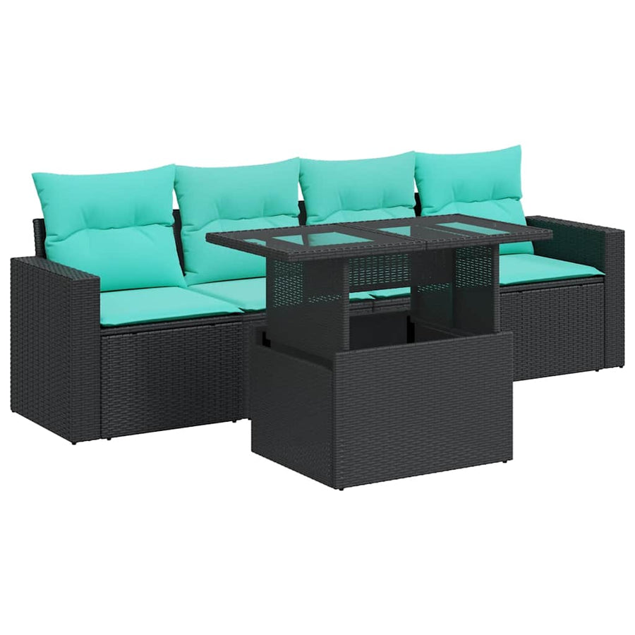 5-delige Loungeset met kussens poly rattan acacia zwart