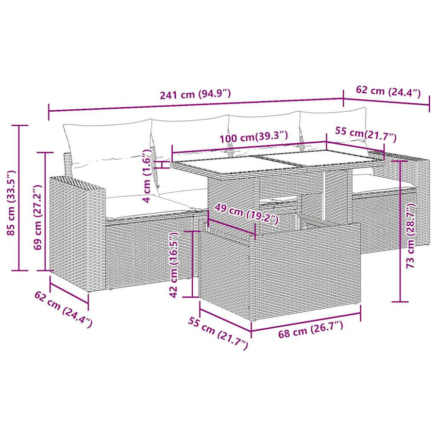 5-delige Loungeset met kussens poly rattan acacia zwart