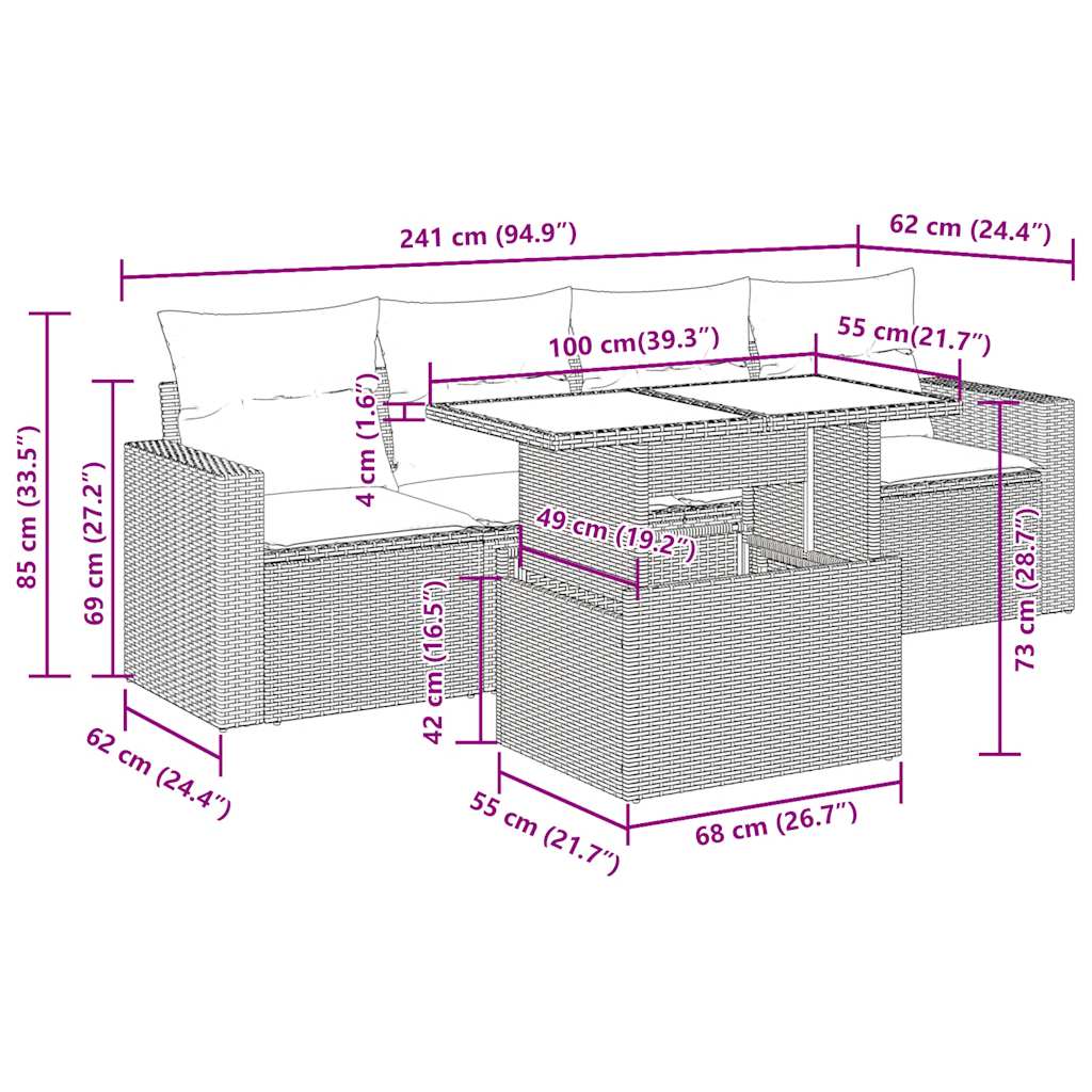 5-delige Loungeset met kussens poly rattan beige
