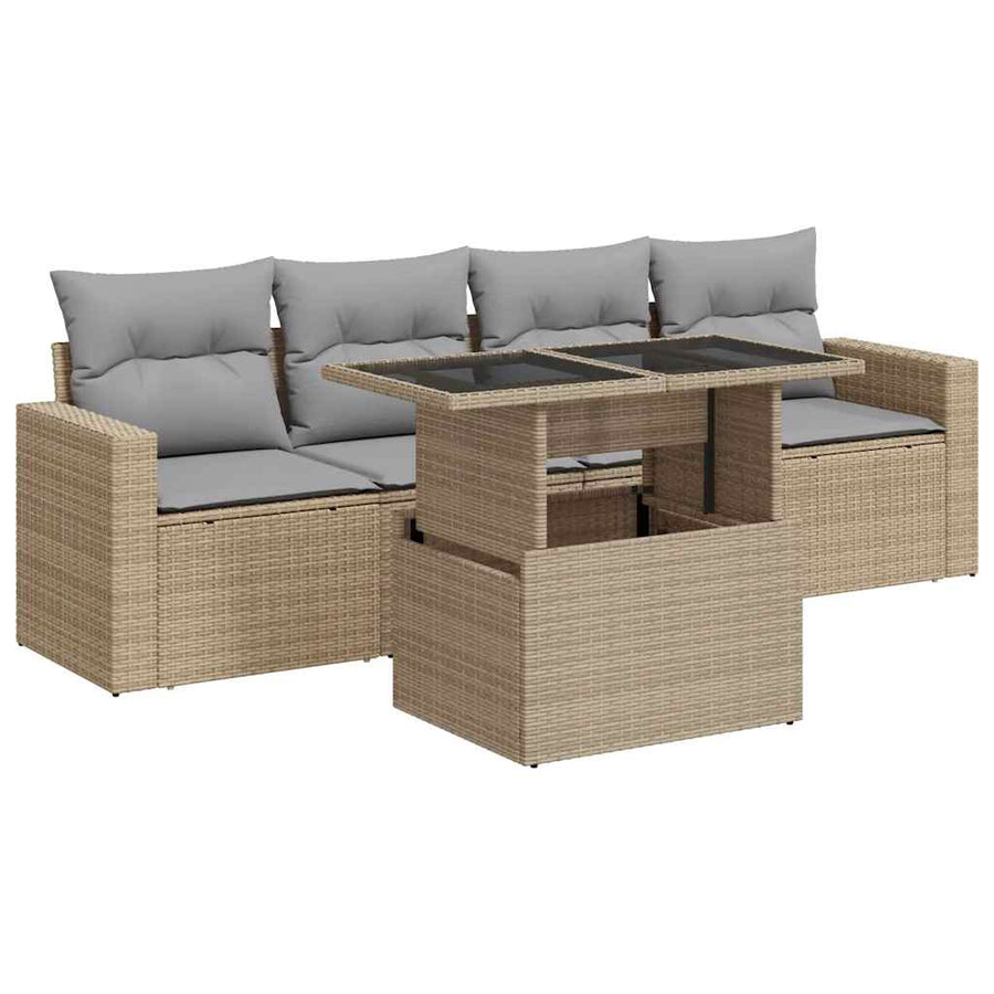 5-delige Loungeset met kussens poly rattan beige