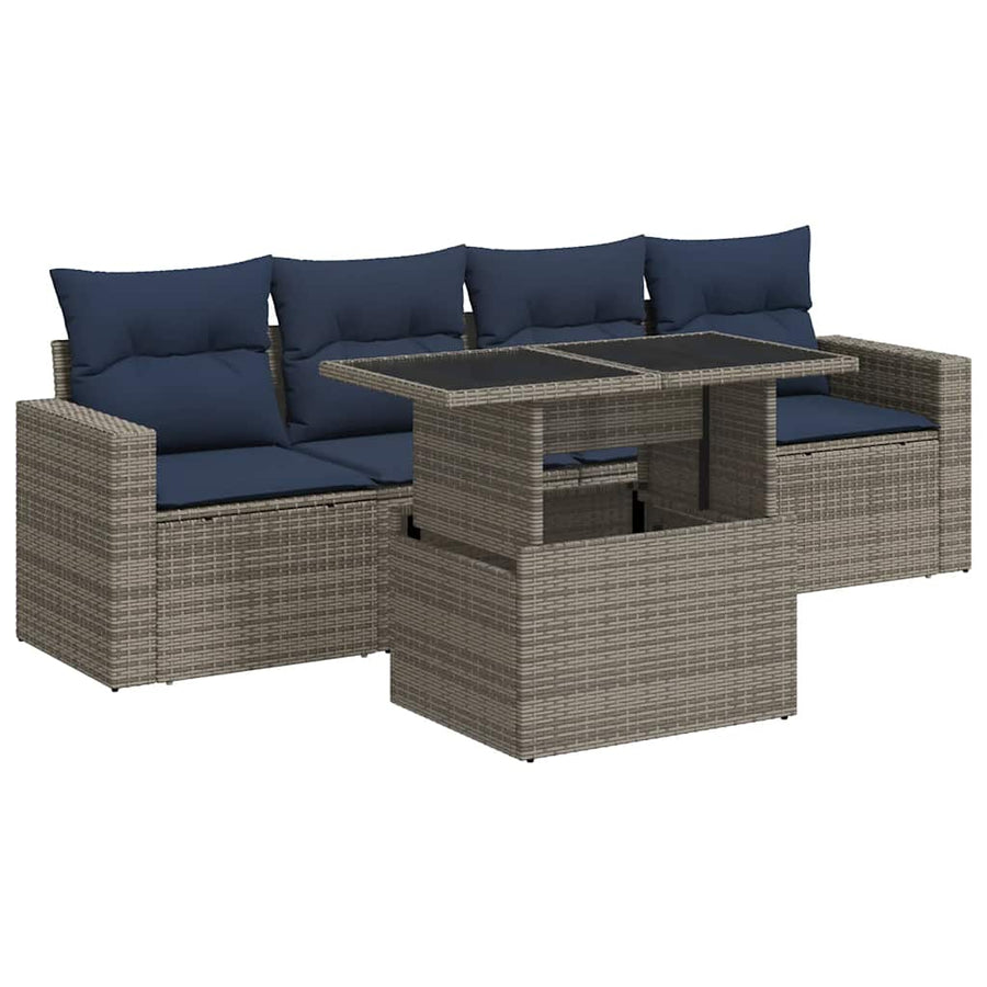 5-delige Loungeset met kussens poly rattan acacia grijs