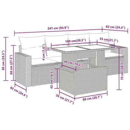 5-delige Loungeset met kussens poly rattan acacia grijs
