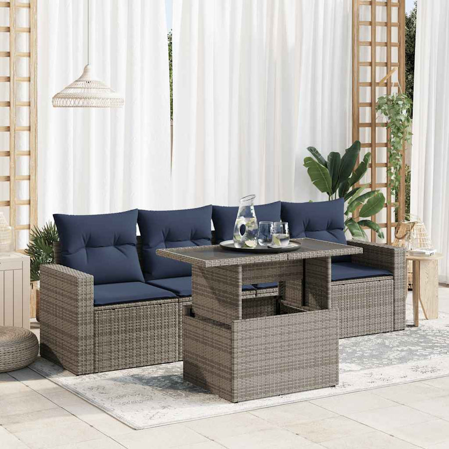 5-delige Loungeset met kussens poly rattan acacia grijs