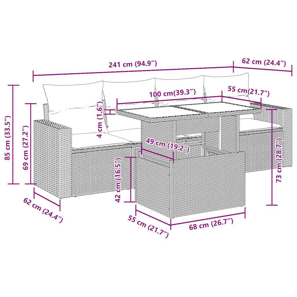 5-delige Loungeset met kussens poly rattan bruin