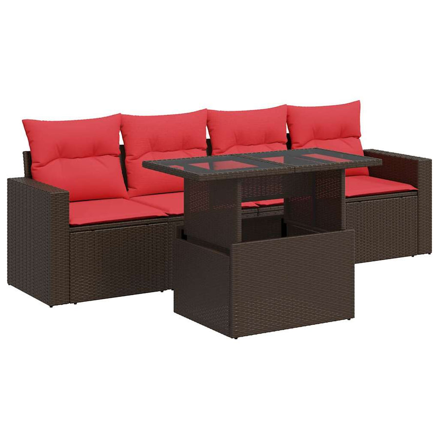 5-delige Loungeset met kussens poly rattan acacia bruin