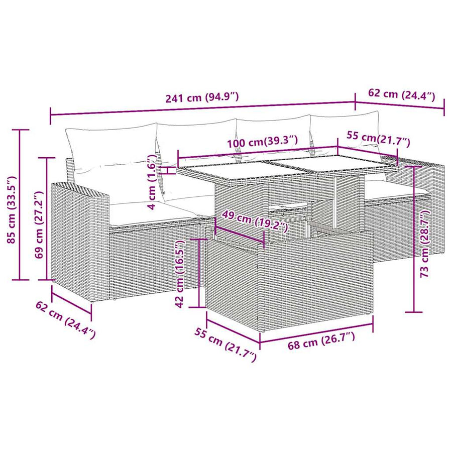 5-delige Loungeset met kussens poly rattan acacia bruin