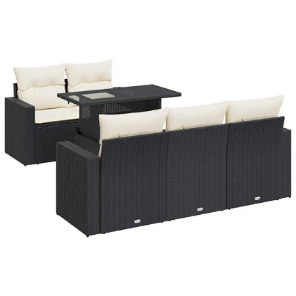 6-delige Loungeset met kussens poly rattan zwart