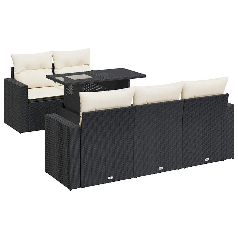 6-delige Loungeset met kussens poly rattan zwart