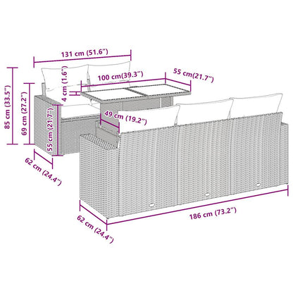 6-delige Loungeset met kussens poly rattan zwart