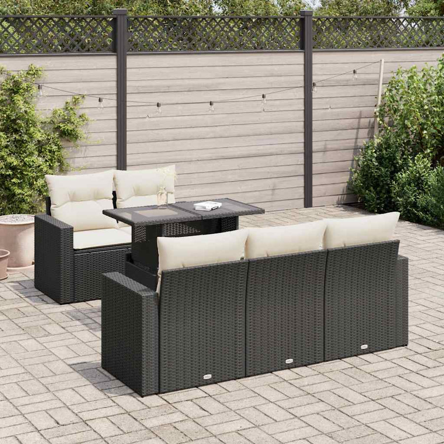 6-delige Loungeset met kussens poly rattan zwart