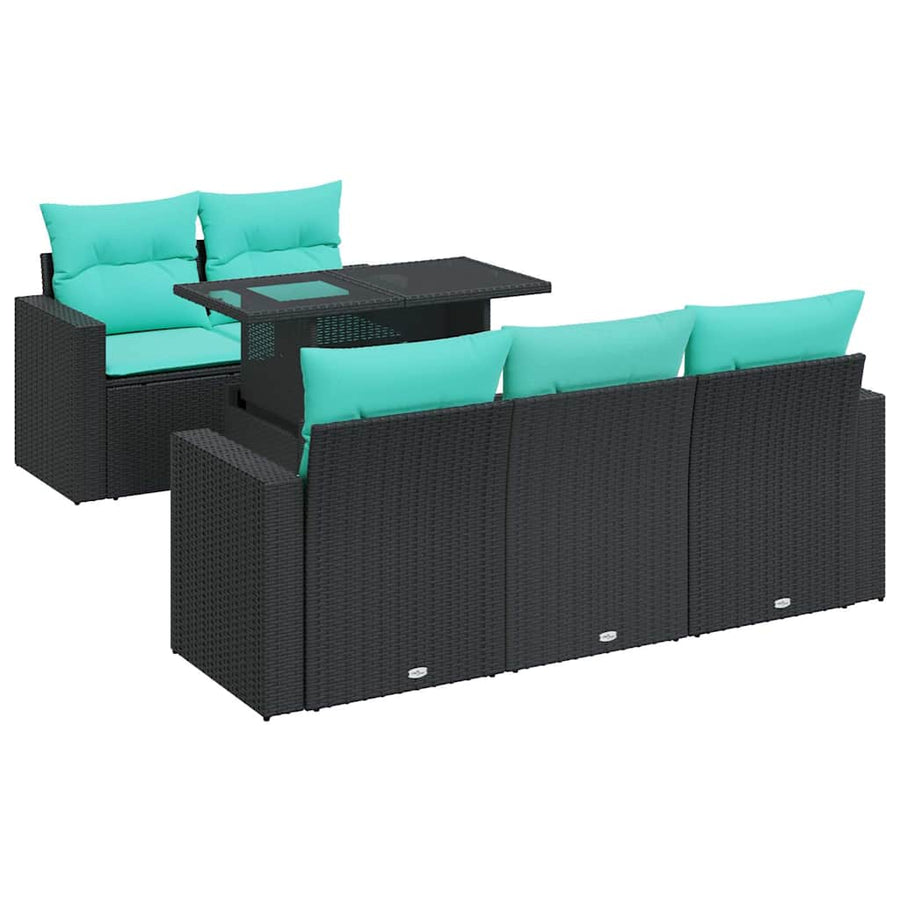 6-delige Loungeset met kussens poly rattan acacia zwart