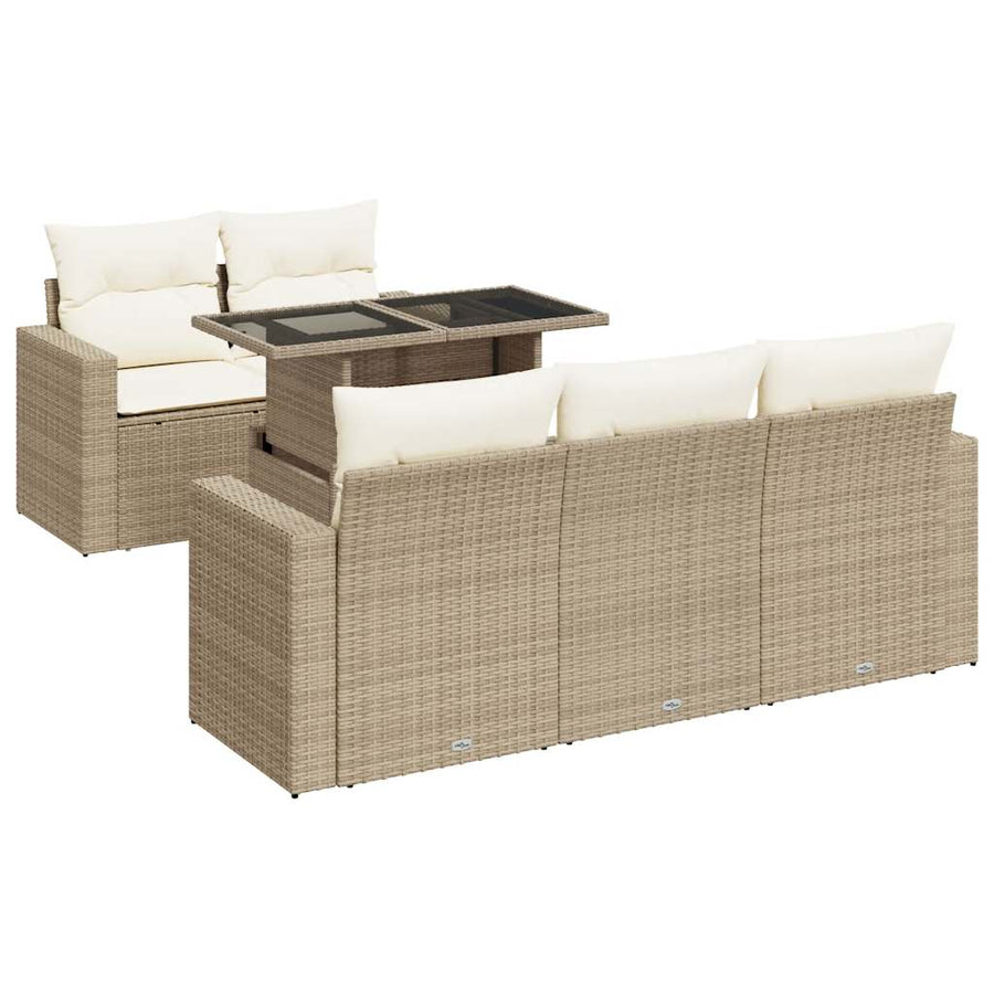 6-delige Loungeset met kussens poly rattan beige