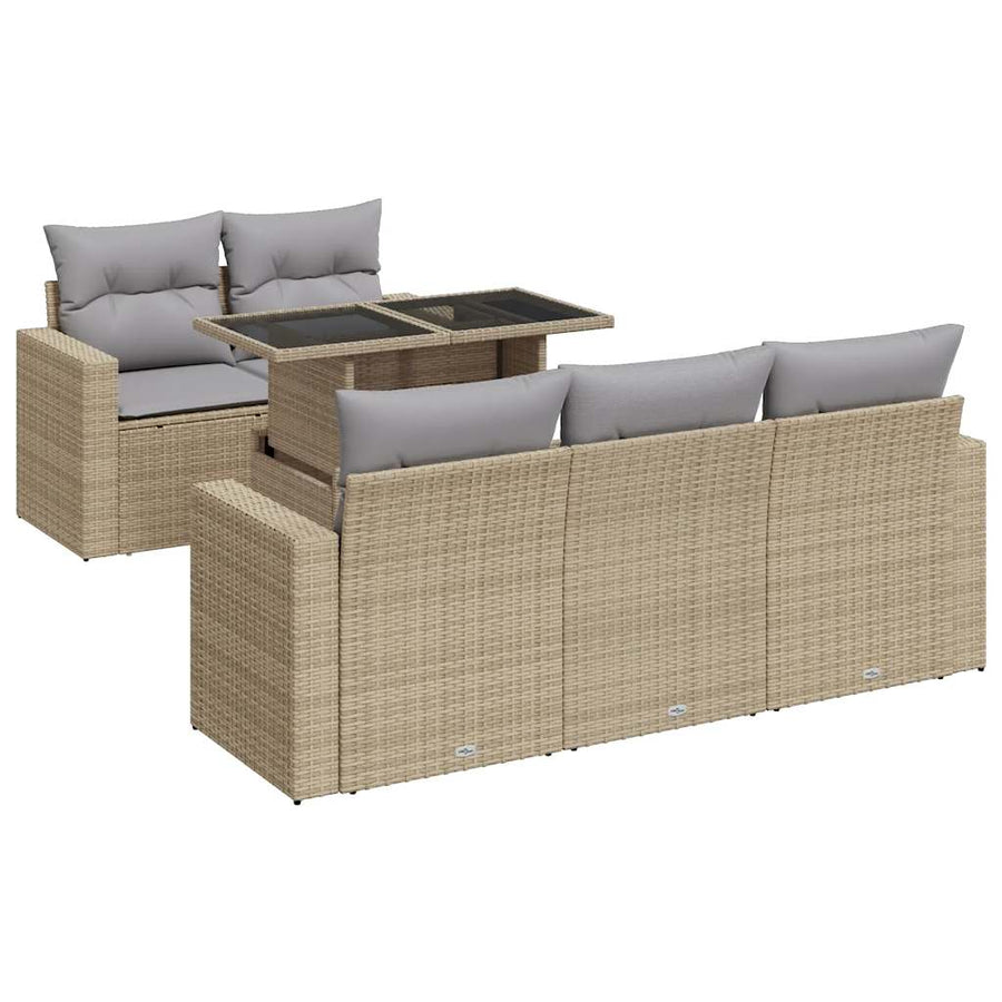 6-delige Loungeset met kussens poly rattan beige